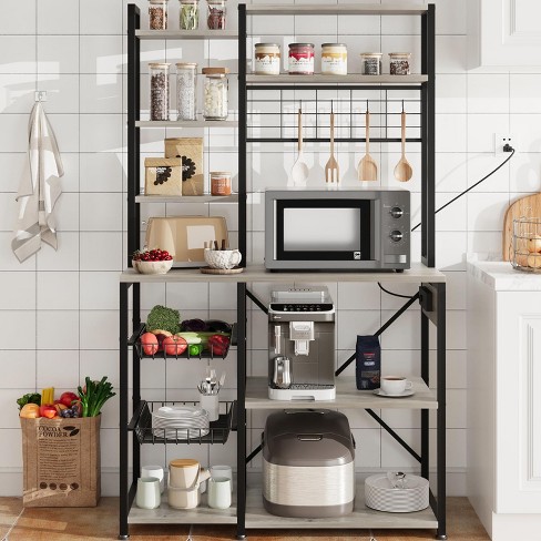 Baker Rack With Power Outlet, Kitchen Bakers Rack With 2 Wire Basket ...