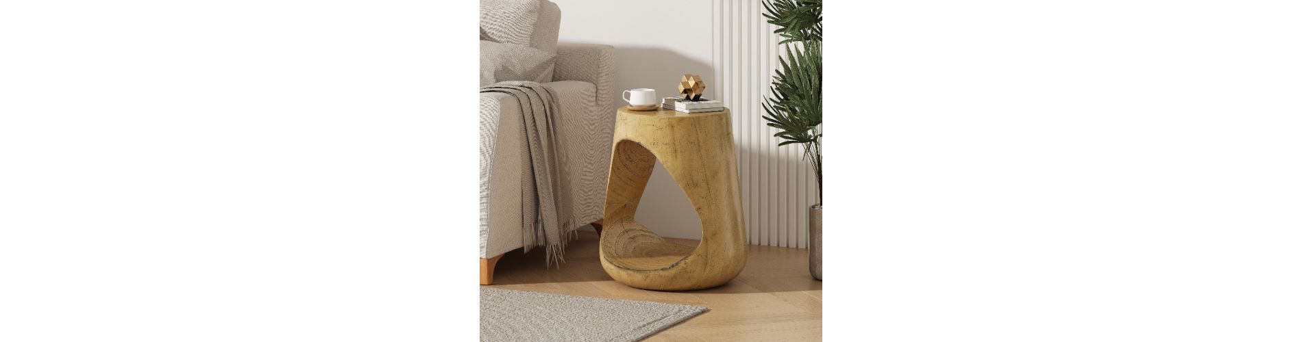 Lyngins Natural Round Outdoor End Tables, Wood-Effect MGO Outdoor Side Table, Hollow Base Patio End Table for Outside or Indoor Use