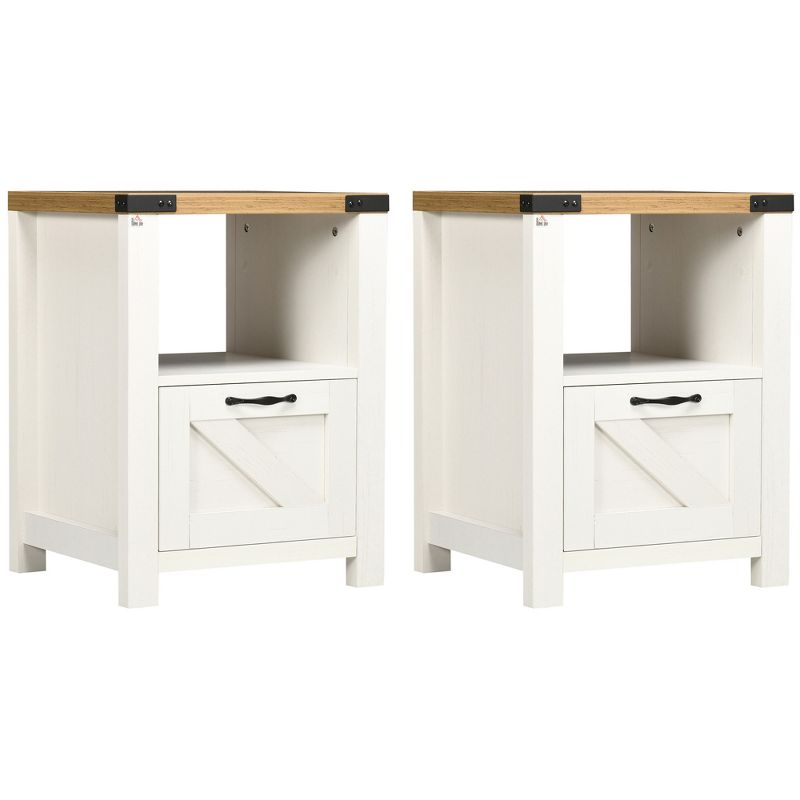 HOMCOM Farmhouse Side Table with 1 Drawer, 1 Open Shelf and Tabletop for Living Room, Set of 2, White, 4 of 7
