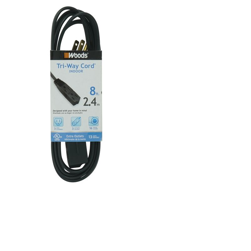 Woods 8&#39; Grounded Extension Cord Black, 1 of 5