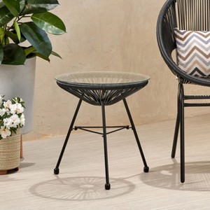 Kumasinova 18" Industrial Tempered Glass Top Outdoor Side Table with Rattan Frame&Iron legs,Patio Accent End Table for Poolside,Garden&Porch,White - 1 of 4