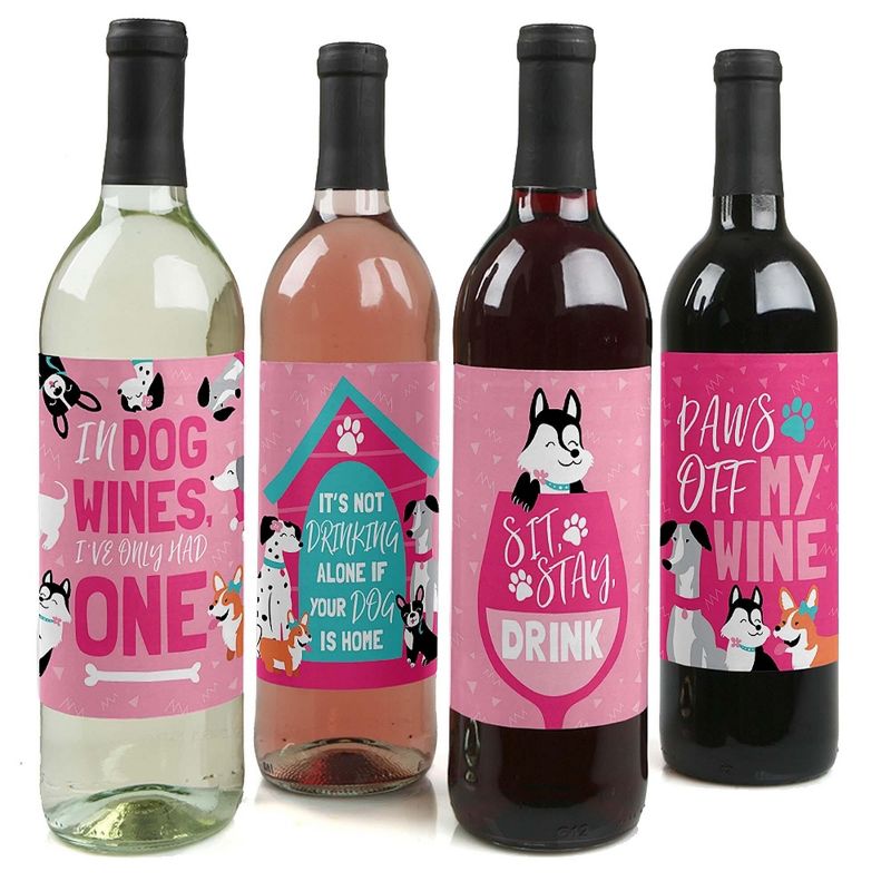 Big Dot of Happiness Pawty Like a Puppy Girl - Pink Dog Baby Shower or Birthday Party Decor for Women and Men - Wine Bottle Label Stickers - Set of 4, 1 of 9