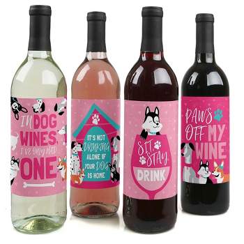 Big Dot of Happiness Pawty Like a Puppy Girl - Pink Dog Baby Shower or Birthday Party Decor for Women and Men - Wine Bottle Label Stickers - Set of 4