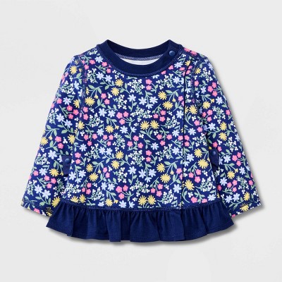 Image of Baby Girls' Floral Adaptive Ruffle Long Sleeve Snap Top - Cat & Jack™ Navy Blue/Green/White 0-3M