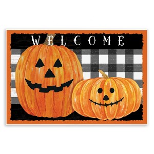 Stupell Industries Festive Halloween Welcome Sign Happy Pumpkins Black Plaid Wall Plaque Art - 1 of 4