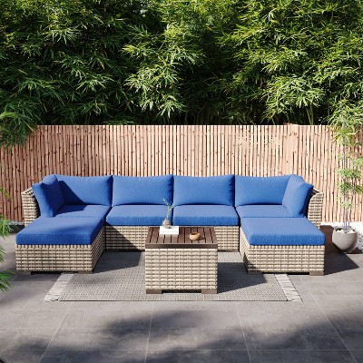 7pc Wicker Rattan Patio Set - Blue - Accent Furniture