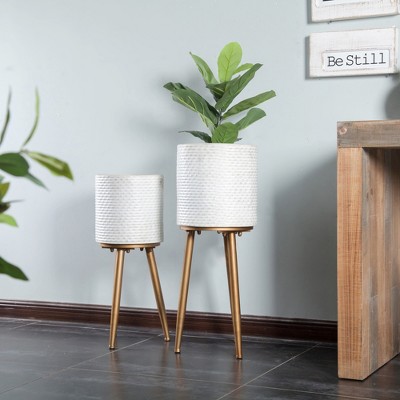 Distressed White and Bronze Dimpled Metal Planter Set with Tripod Stand