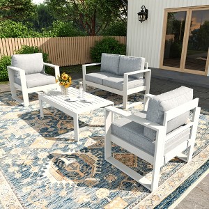LayinSun 4 Pieces Aluminum Outdoor Patio Furniture Set, Metal Modern Conversation Sofa Set with Coffee Table and Washable Thick Cushions - 1 of 4
