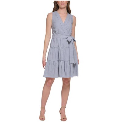 Tommy Hilfiger Womens Striped Seersucker Sleeveless Wrap Tiered Dress