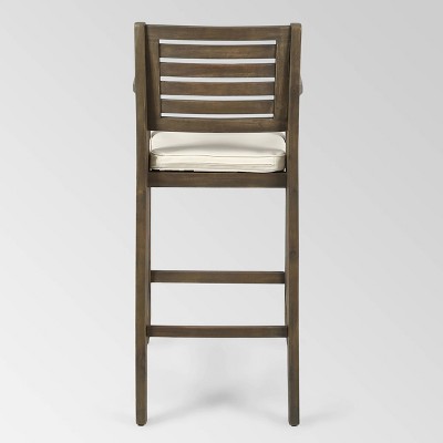 Hermosa Gray Acacia Wood Outdoor Barstools with Cream Cushions, Set of 4