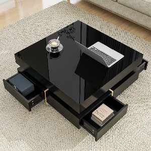 Lyngins Geometric Coffee Table with LED Strip Lights – UV High-Gloss Finish, Double-Layer Storage, 2-Tier Square Center Table for Living Room - 1 of 4