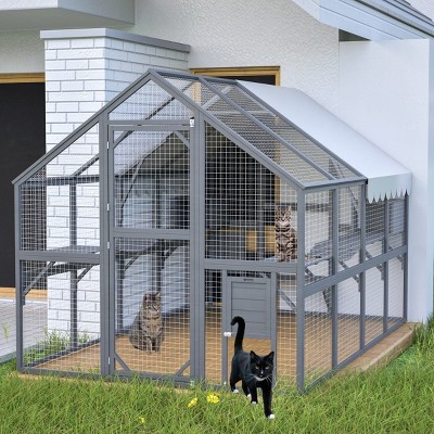 Outdoor Wooden Cat House with Metal Mesh, Waterproof Roof, Catio Enclosure & Cat Run for Patio or Backyard – The Pop Home