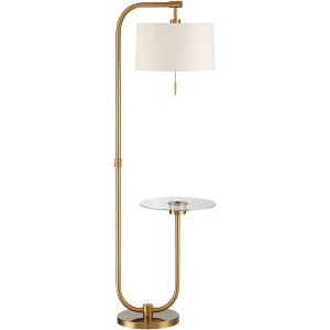 Possini Euro Design Volta Modern Floor Lamp with Tray Table 66" Tall Brass USB Charging Port White Drum Shade for Living Room Bedroom Office House - 1 of 4
