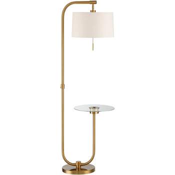Possini Euro Design Volta Modern Floor Lamp with Tray Table 66" Tall Brass USB Charging Port White Drum Shade for Living Room Bedroom Office House