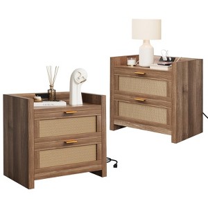Rattan Nightstand Set of 2, Modern Bedside Table with 2 Drawers, Sofa Side Table for Small Spaces, Wooden Accent Table End Table for Living Room - 1 of 4