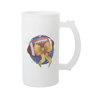 Elanze Designs Freezable Beer Stein Mug With Thumb Grip Handle, 16 Ounce Frosted Glass, Football With Gold Bow
