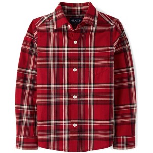 The Children's Place Boys Christmas Long Sleeve Plaid Poplin Button Up Shirt - 1 of 4