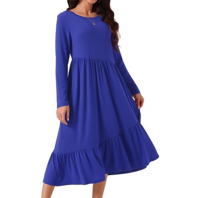 Seta T Women's Fall Long Sleeve Crewneck Pleated Tiered Swing Midi Dress with Pockets
