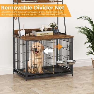 Large Brown Wooden Dog Crate with Storage Shelves