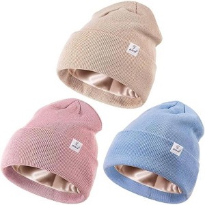Zuppad 3 Pack Satin Lined Winter Beanie Hats for Women Men,Silk Lined Womens Beanies Knit Soft Warm Cuffed Hats - 1 of 4