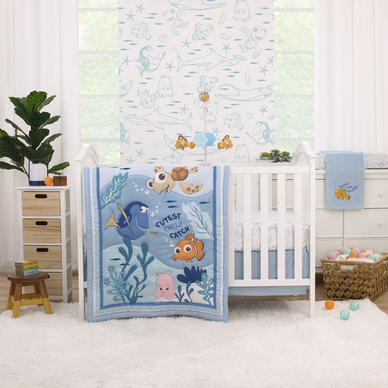 Disney Finding Nemo Cutest Little Catch Light Blue, Orange, and Navy 3 Piece Nursery Crib Bedding Set - Comforter, Fitted Crib Sheet, and Crib Skirt, 1 of 8
