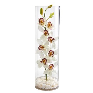 Nearly Natural Cymbidium Orchid Artificial Arrangement in Tall Cylinder Vase - 1 of 1