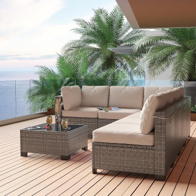 7-Piece Wicker Patio Sofa Set, Outdoor Sectional Couches with Coffee Table and Cushions for Garden and Porch