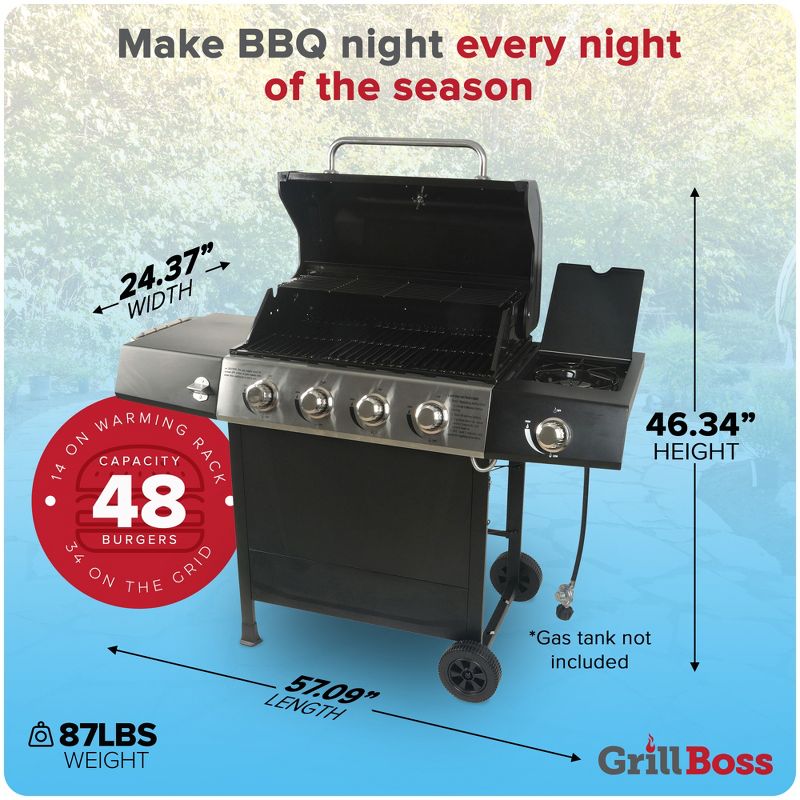 Grill Boss Outdoor BBQ Burner Propane Gas Grill for Barbecue Cooking with Side Burner, Lid, Wheels, Shelves and Bottle Opener, 4 of 8
