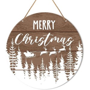 Lomsoe Merry Christmas Sign Front Door Decor Round Hanging Sign for Farmhouse Xmas Holiday Wall Decor Winter Wood Sign Christmas Gift 8x8Inch - 1 of 1