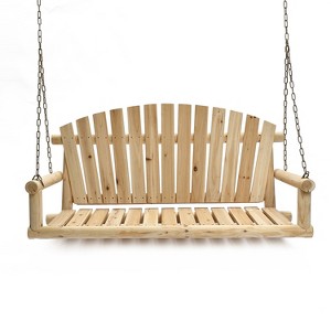 LuxenHome Natural Unfinished Wood Log Cabin Porch Swing with Chains Brown - 1 of 4