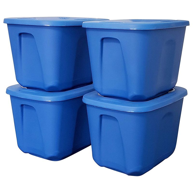 HOMZ 6610DWBLDC.04 10 Gallon Stackable and Nestable Heavy Duty Plastic Storage Container with 4 Way Handles, Capri Blue, (4 Pack), 1 of 8