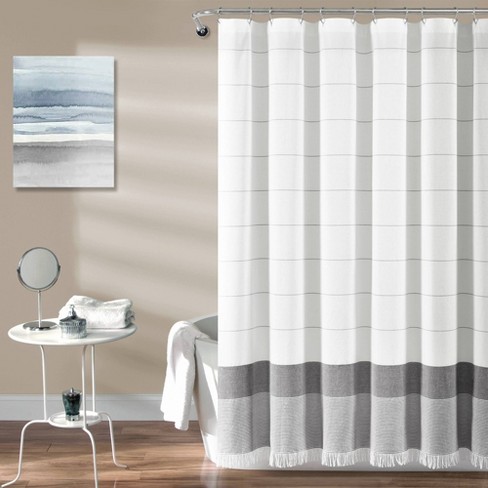 Striped Yarn Dyed Tassel Fringe Shower, Wide Horizontal Stripe Shower Curtain Liner