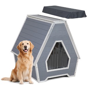 Sandinrayli Wooden Outdoor Dog House with PVC Rainproof Cover, Outdoor Indoor Pet Shelter (Dark Gray) - 1 of 4