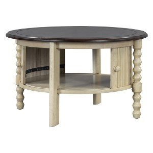 Lirago 30" Vintage Round Coffee Table Mid Century Modern Style Beige Espresso Finish with Sliding Door Storage Slatted Design Accent Table - 1 of 4