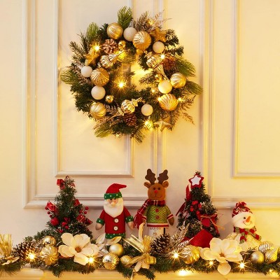 Christmas Wreath for Front Door, 24 Inch Large Outdoor Christmas Wreath, Artificial Xmas Wreath with Gold White Ball Ornaments Pine Cones
