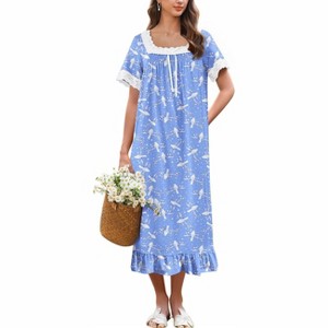 Ekouaer Cotton Nightgowns for Women Vintage Victorian Nightgown Short Sleeve Lace Night Gown Long Nightdress Soft Nightshirt Blue Pigeons S