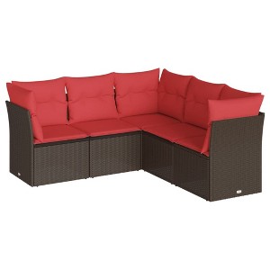 vidaXL 5 Piece Patio Sofa Set with Cushions Brown and Red Poly Rattan - Without Table - 1 of 4