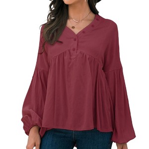 Anna-Kaci Women's Long Sleeve Button Front Peasant Top with Gathered Waist and Flowy Fit - 1 of 4