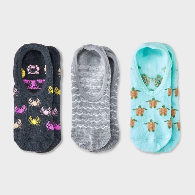 Women's Sea Life 3pk Liner Socks - Charcoal Heather/ Heather Gray/Aqua 4-10: Recycled Polyester, Knit, Hidden Gel Heel Grip