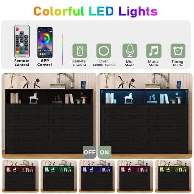 Wooden Dressers for Bedroom with 8 Drawers, Solid Wood Dresser with LED Lights and Outlet, Deep Drawer Dresser TV Stand for 55 Inch, Wide Dressers