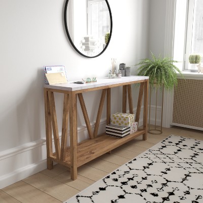 Farmhouse Marble and Warm Oak 2-Tier Console Table with Storage