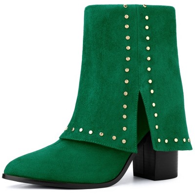 BLISSFUL STEP Women's Block Heel Fold Over Pointy Toe Studded Mid-Calf Boots