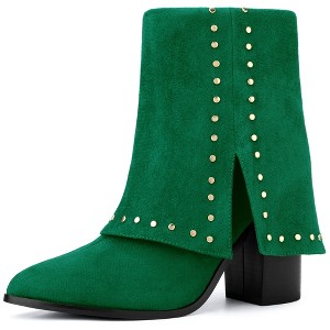 BLISSFUL STEP Women's Block Heel Fold Over Pointy Toe Studded Mid-Calf Boots - 1 of 4