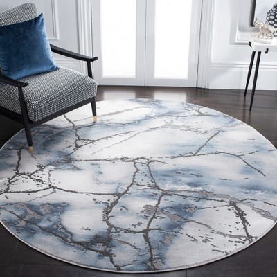 Gray and Blue Round Abstract Hand-Knotted Area Rug