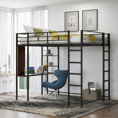 NicBex Full Size Loft Bed with Desk and 2 Shelves,Metal Loft Bed Frame with Guard & Ladder,Bed Frame for Adults,Kids,Box Spring Not Required