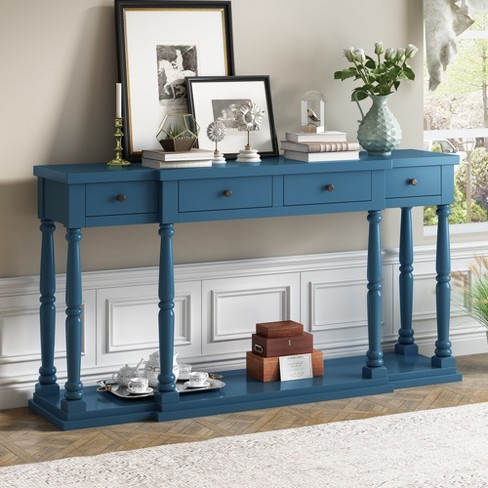 36 Retro Style Pine Console Table with 4 Drawers and 1 Storage Shelf, Blue  - ModernLuxe