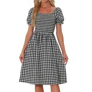 Allegra K Women's Smocked Gingham Square Neck Short Sleeve Casual Plaid Dress - 1 of 4