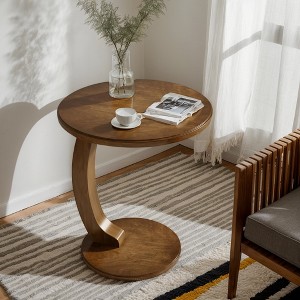Hommoo C-Shaped End Table, Round Solid Wood Side Table for Living Room Brown - 1 of 4
