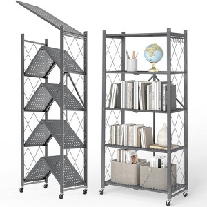 HONGGE Foldable Storage Shelves with Wheels, Heavy Duty Metal Shelving, No Assembly Organizer Wire Shelf Rack for Garage Kitchen, Pantry - 1 of 4