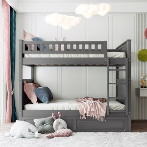 YOOCOZZ Full Over Full Bunk Bed with Twin Trundle, Pine Wood Bunk Bed with Guardrails - 1 of 4